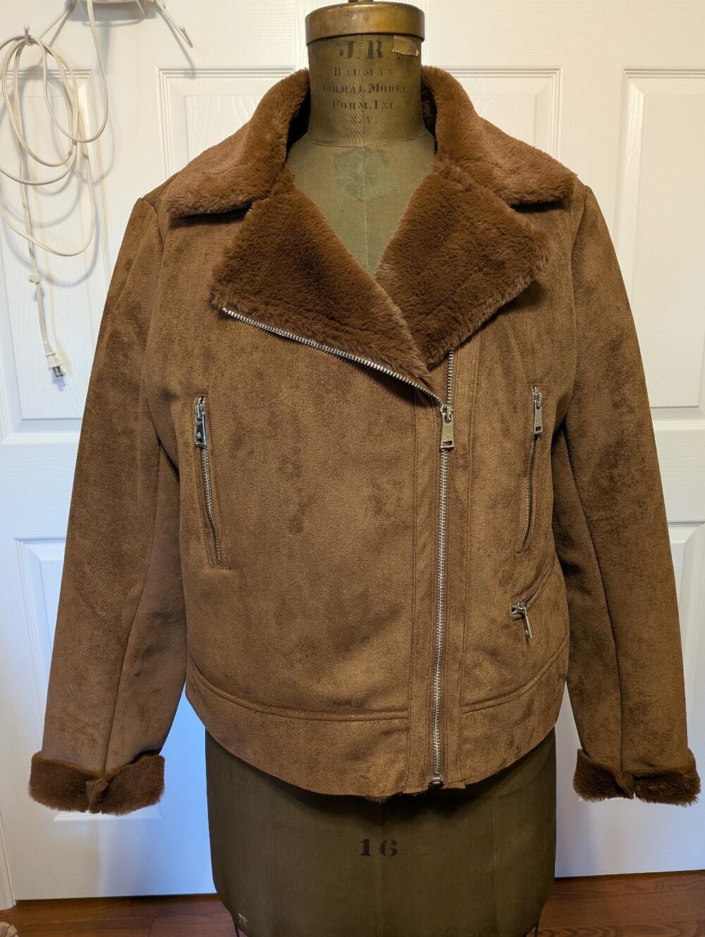Lauren Ralph Lauren Brown Faux Suede Fur Cropped Moto Jacket, Asymmetrical Zip
